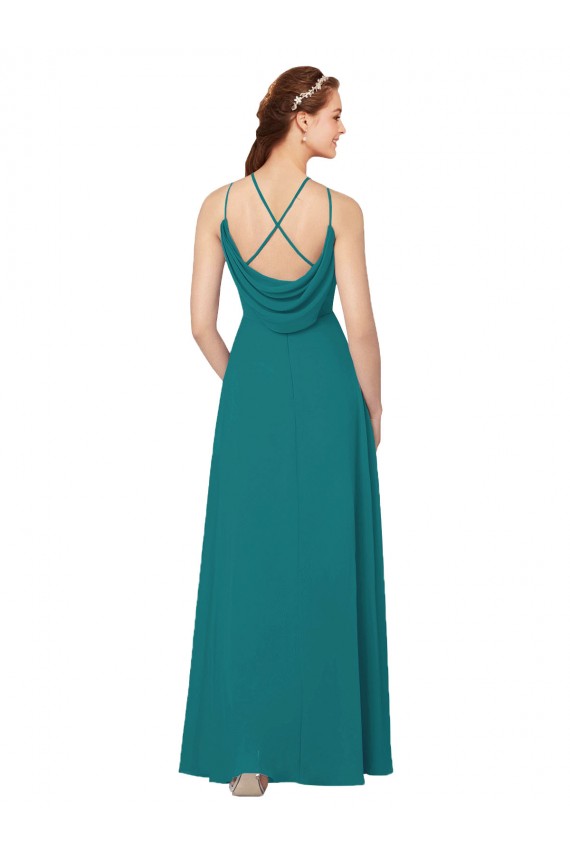 Magasins de Vert Chasseur Fourreau Col Haut Mousseline Longue Robes demoiselle d'honneur
