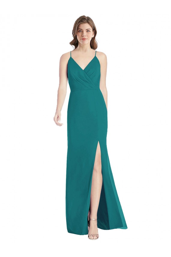 Magasins de Vert Chasseur Sirène Bretelles spaghetti Col V Mousseline Longue Robes demoiselle d'honneur