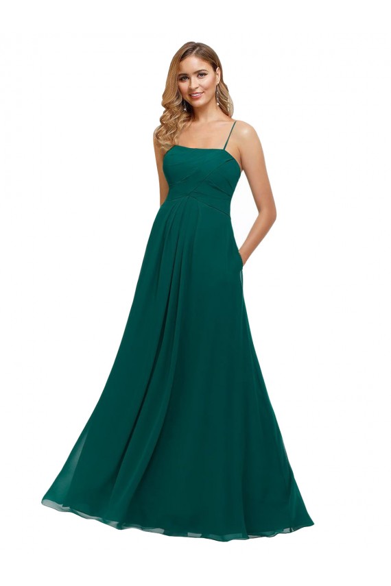 Magasins de Vert Chasseur Trapèze Bretelles spaghetti Col Carré Mousseline Longue Robes demoiselle d'honneur
