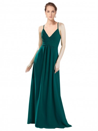 Magasins de Vert Chasseur Trapèze Col V Mousseline Longue Robes demoiselle d'honneur