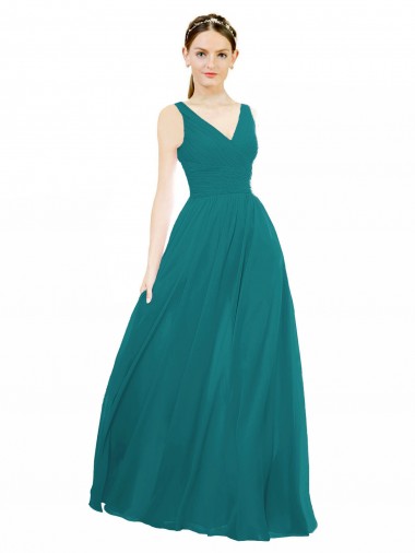 Magasins de Vert Chasseur Trapèze Col V Mousseline Longue Robes demoiselle d'honneur