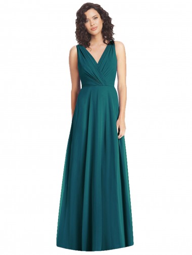 Magasins de Vert Chasseur Trapèze Col V Mousseline Longue Robes demoiselle d'honneur