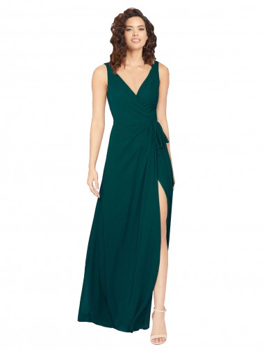 Magasins de Vert Chasseur Trapèze Col V Mousseline Longue Robes demoiselle d'honneur