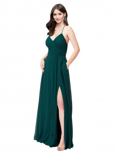Magasins de Vert Chasseur Trapèze Col V Mousseline Longue Robes demoiselle d'honneur