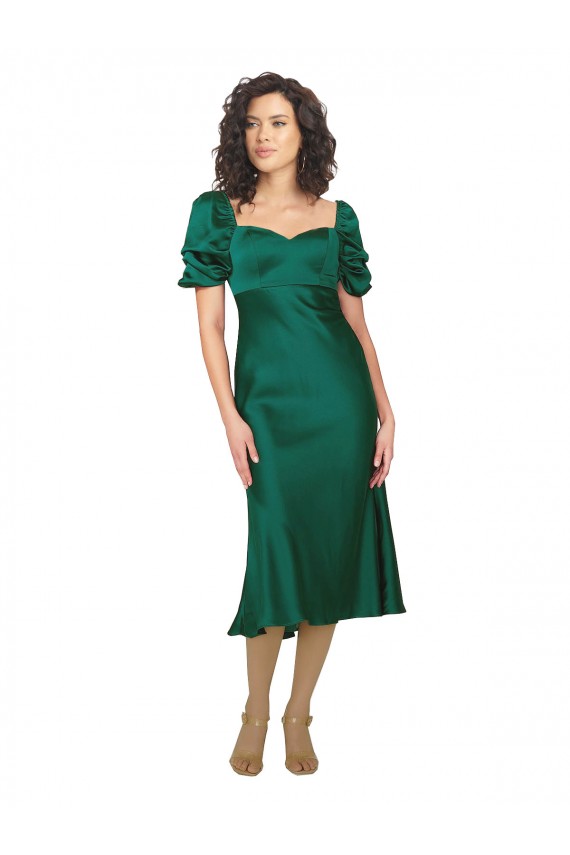 Magasins de Vert Chasseur Trapèze midi Satiné Soyeux Courte Robes demoiselle d'honneur / Robes de soirée / Robes de bal
