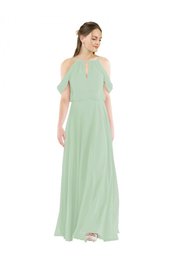 Magasins de Vert Sauge Fourreau Épaule Dénudée Mousseline Longue Robes demoiselle d'honneur