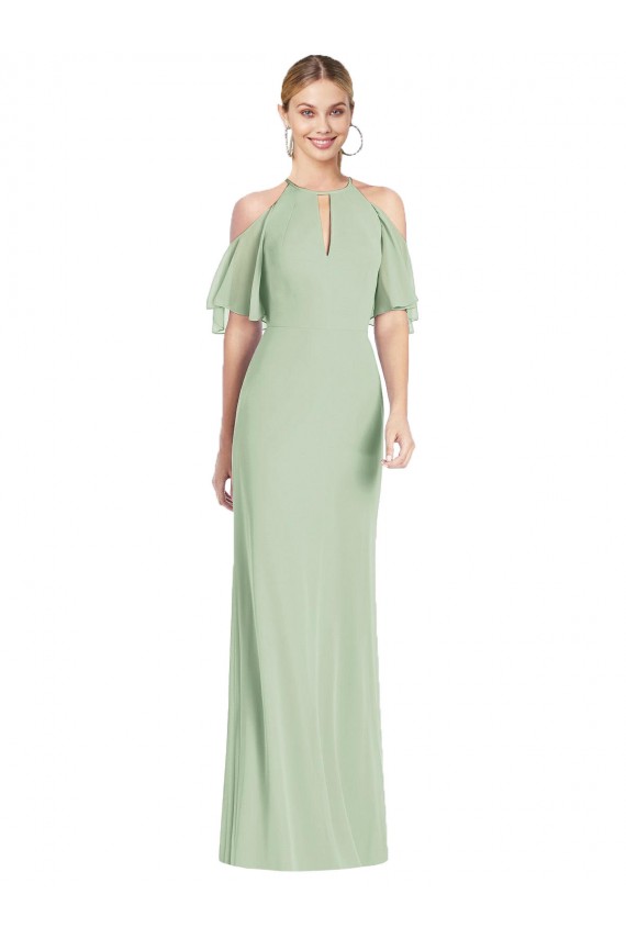 Magasins de Vert Sauge Sirène Licou Mousseline Longue Robes demoiselle d'honneur