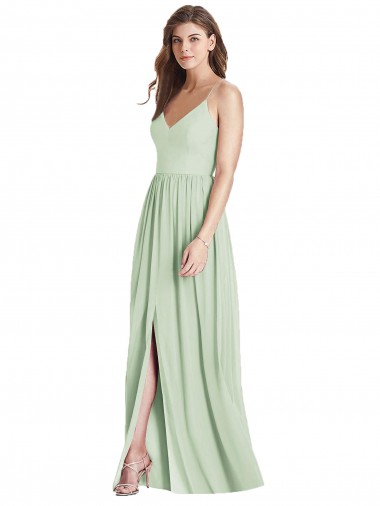 Magasins de Vert Sauge Trapèze Bretelles spaghetti Col V Mousseline Longue Robes demoiselle d'honneur