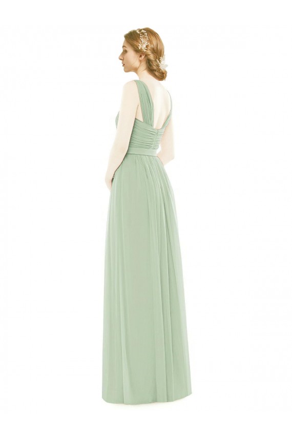 Magasins de Vert Sauge Trapèze Bretelles spaghetti Mousseline Longue Robes demoiselle d'honneur