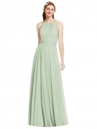 Magasins de Vert Sauge Trapèze Licou Mousseline Longue Robes demoiselle d'honneur