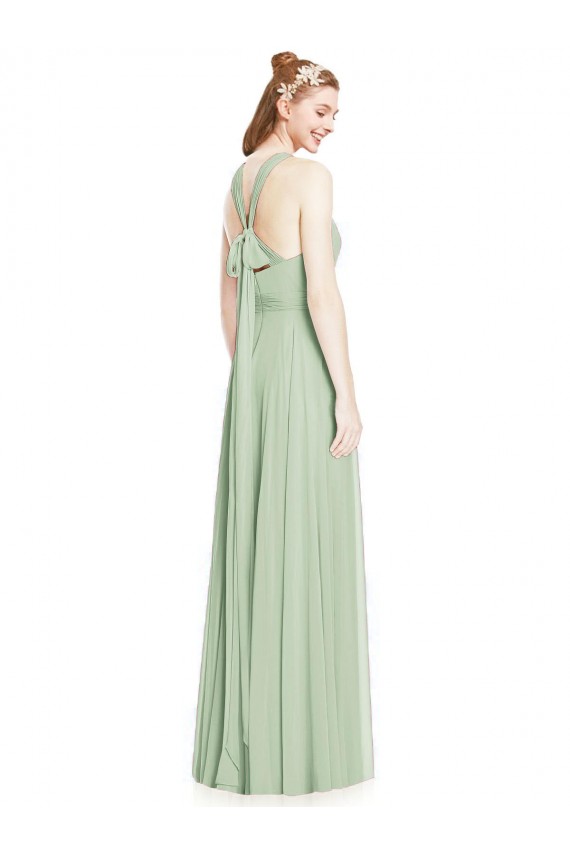 Magasins de Vert Sauge Trapèze Licou Mousseline Longue Robes demoiselle d'honneur