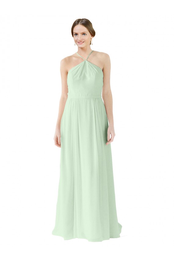 Magasins de Vert Sauge Trapèze Licou Mousseline Longue Robes demoiselle d'honneur