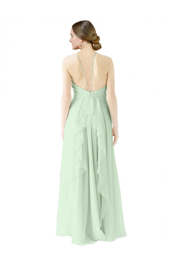 Magasins de Vert Sauge Trapèze Licou Mousseline Longue Robes demoiselle d'honneur