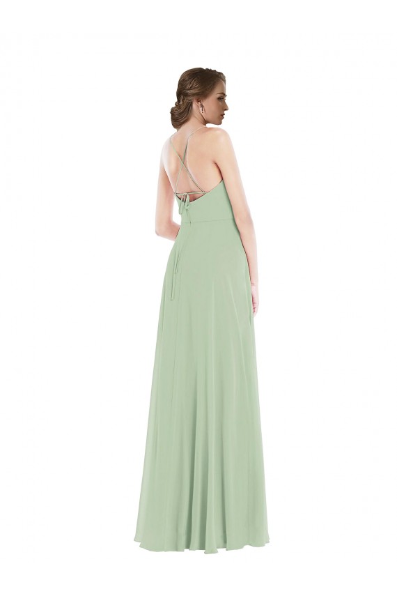Magasins de Vert Sauge Trapèze Scoop Mousseline Longue Robes demoiselle d'honneur