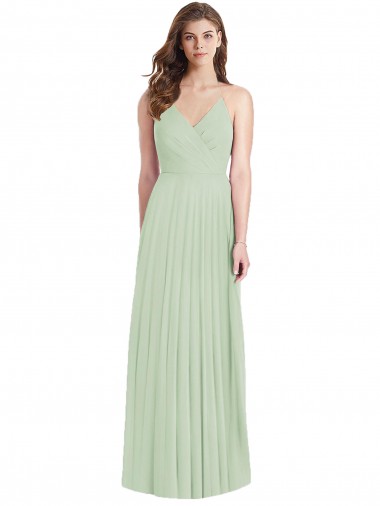 Magasins de Vert Sauge Trompette Bretelles spaghetti Col V Mousseline Longue Robes demoiselle d'honneur