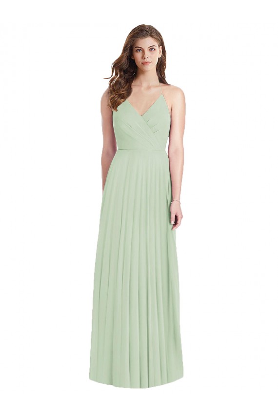 Magasins de Vert Sauge Trompette Bretelles spaghetti Col V Mousseline Longue Robes demoiselle d'honneur