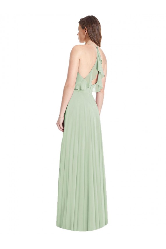 Magasins de Vert Sauge Trompette Bretelles spaghetti Col V Mousseline Longue Robes demoiselle d'honneur