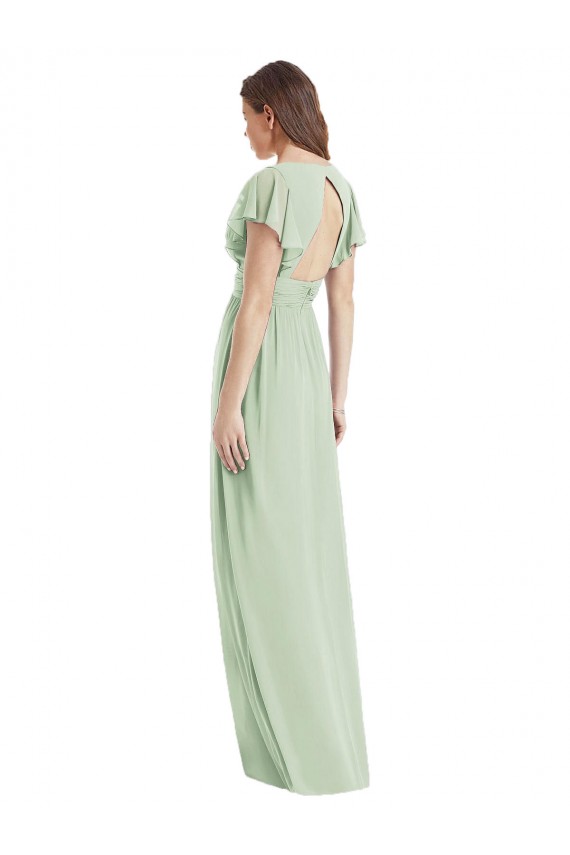 Magasins de Vert Sauge Trompette Col V Mousseline Longue Robes demoiselle d'honneur