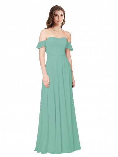 Magasins de Vert de jade Trapèze Épaule Dénudée Mousseline Longue Robes demoiselle d'honneur