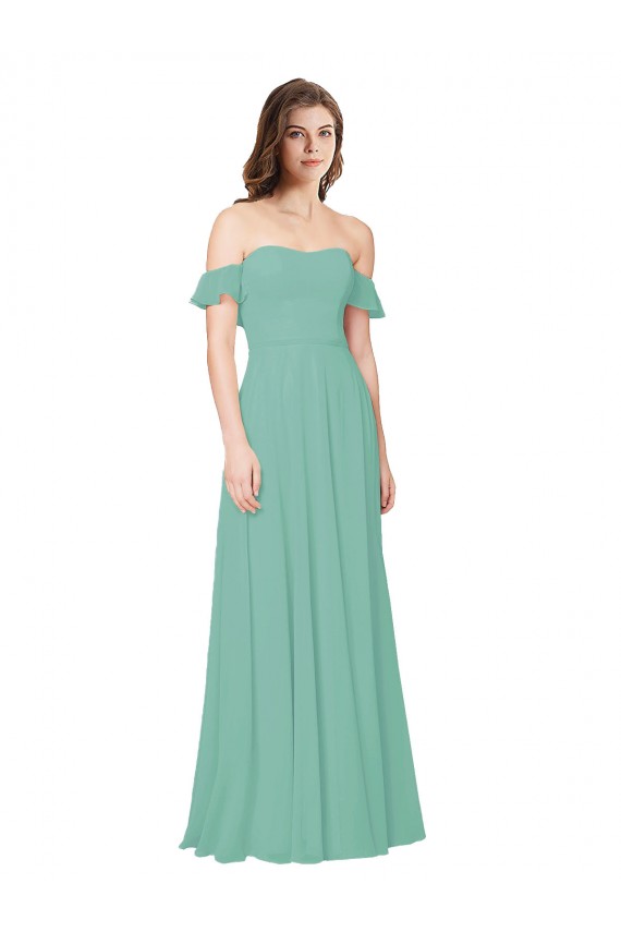 Magasins de Vert de jade Trapèze Épaule Dénudée Mousseline Longue Robes demoiselle d'honneur