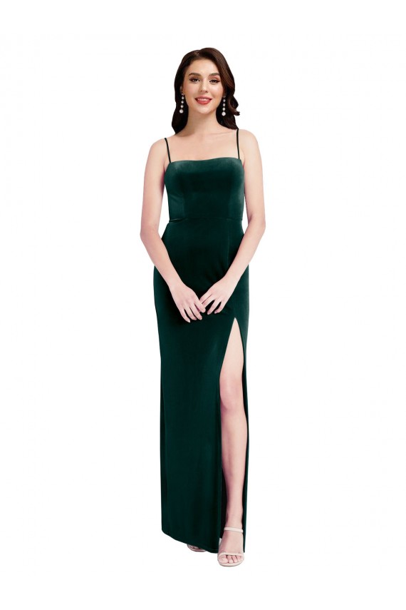 Magasins de Vert foncé Fourreau Bretelles spaghetti Col Carré Velours Stretch Longue Robes demoiselle d'honneur / Robes de bal
