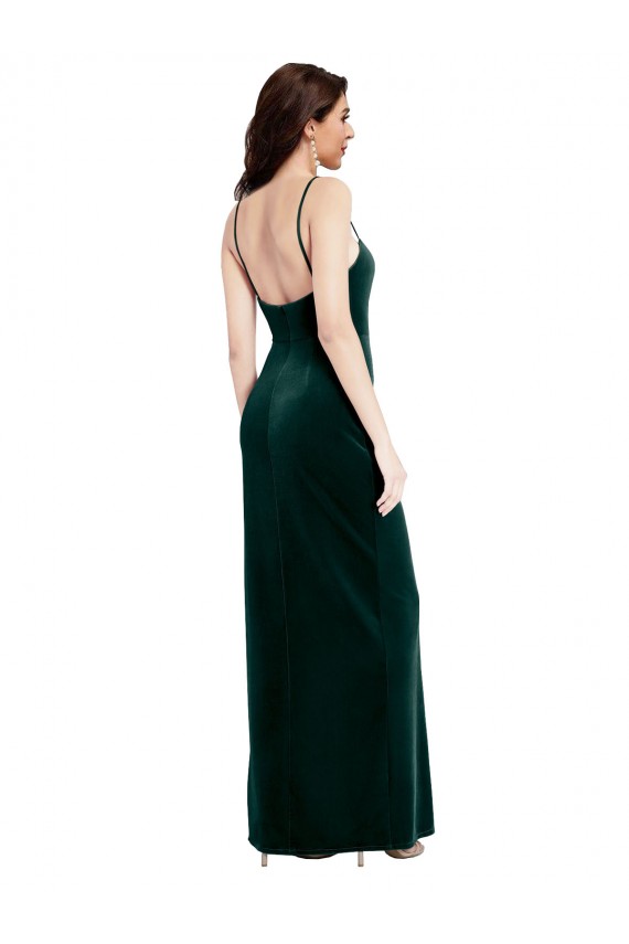 Magasins de Vert foncé Fourreau Bretelles spaghetti Col Carré Velours Stretch Longue Robes demoiselle d'honneur / Robes de bal