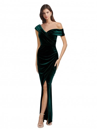 Magasins de Vert foncé Fourreau Épaule Dénudée Velours Stretch Longue Asymétrique Formelles Robes demoiselle d'honneur / Robes de soirée / Robes de bal