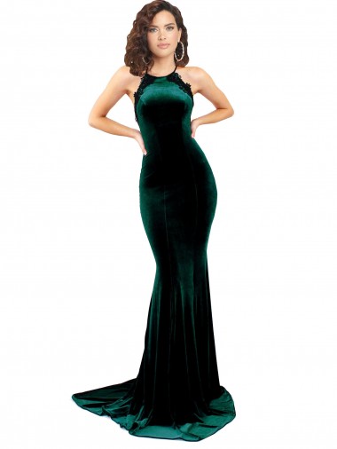 Magasins de Vert foncé Sirène Col Haut Balayage train Velours Stretch Longue Formelles Robes demoiselle d'honneur / Robes de soirée / Robes de bal