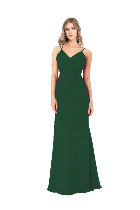 Magasins de Vert foncé Trapèze Col V Mousseline Longue Robes demoiselle d'honneur