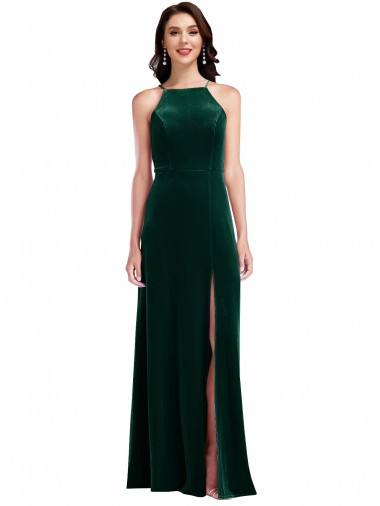 Magasins de Vert foncé Trapèze Licou Col Haut Velours Stretch Longue Robes demoiselle d'honneur / Robes de bal