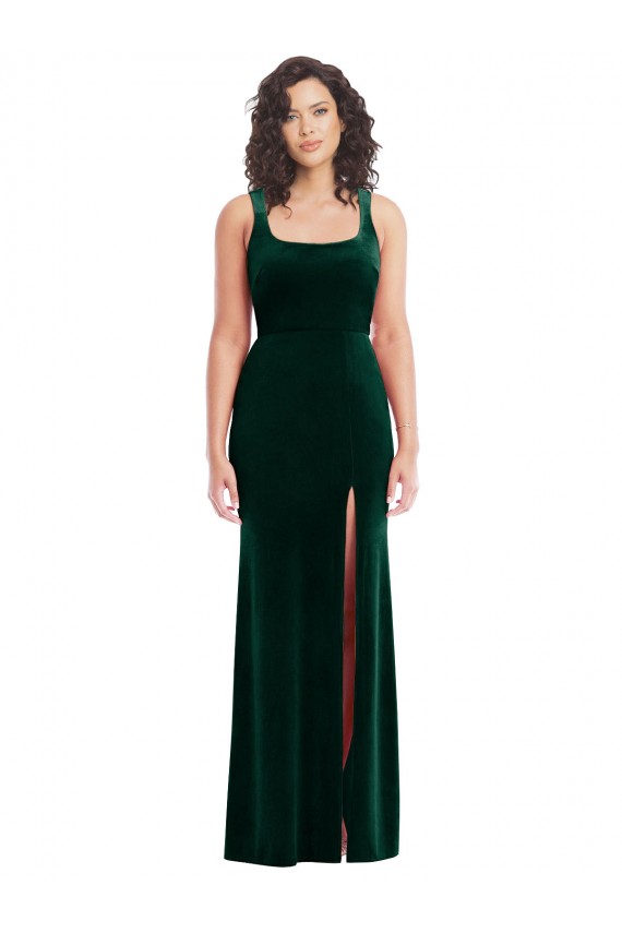 Magasins de Vert foncé Trompette Col Carré Velours Stretch Longue Robes demoiselle d'honneur / Robes de bal