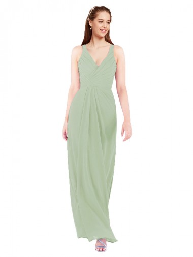 Magasins de Vert fumée Fourreau Col V Mousseline Longue Robes demoiselle d'honneur