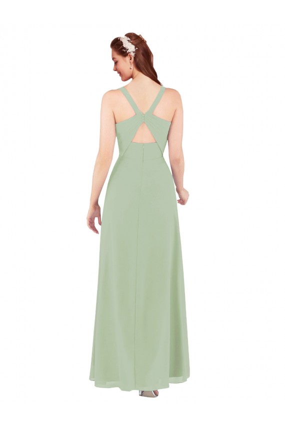Magasins de Vert fumée Fourreau Col V Mousseline Longue Robes demoiselle d'honneur
