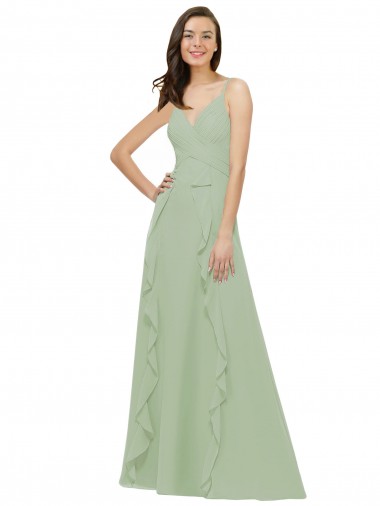 Magasins de Vert fumée Trapèze Bretelles spaghetti Col V Mousseline Longue Robes demoiselle d'honneur