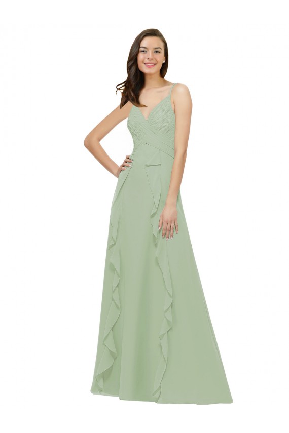 Magasins de Vert fumée Trapèze Bretelles spaghetti Col V Mousseline Longue Robes demoiselle d'honneur