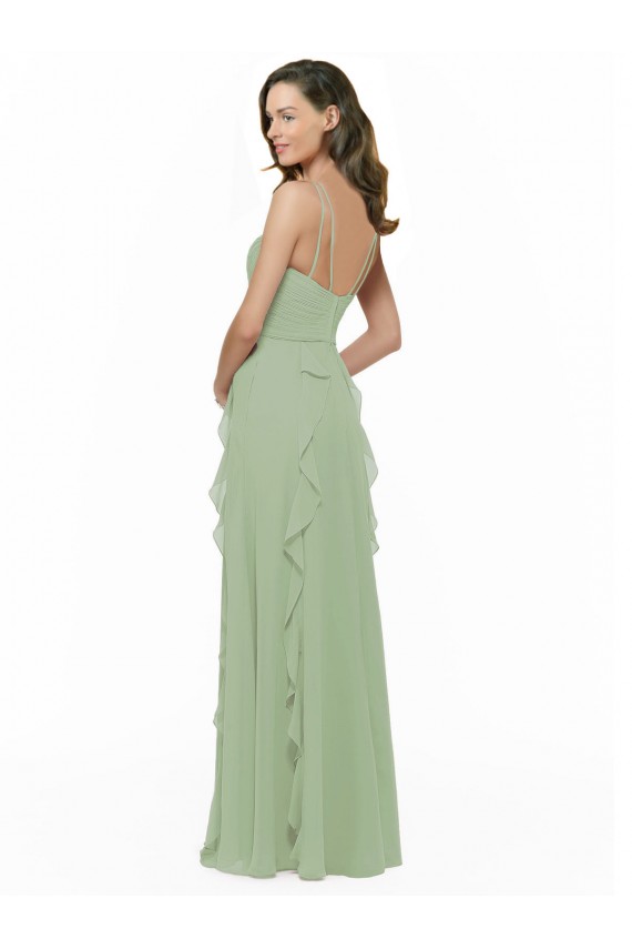 Magasins de Vert fumée Trapèze Bretelles spaghetti Col V Mousseline Longue Robes demoiselle d'honneur