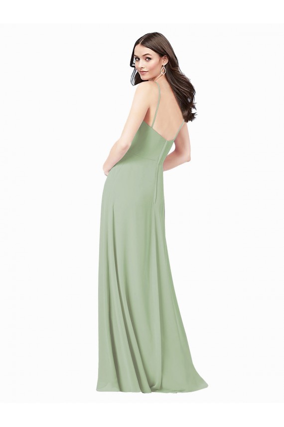 Magasins de Vert fumée Trapèze Bretelles spaghetti Mousseline Longue Robes demoiselle d'honneur