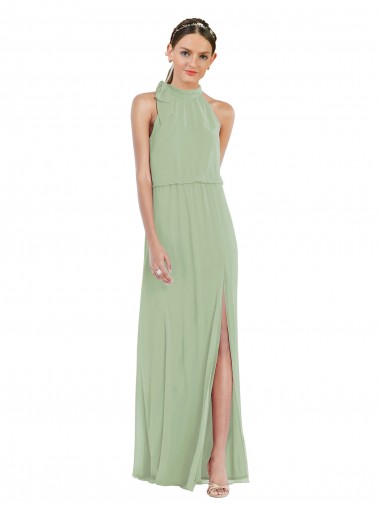 Magasins de Vert fumée Trapèze Col Haut Mousseline Longue Robes demoiselle d'honneur