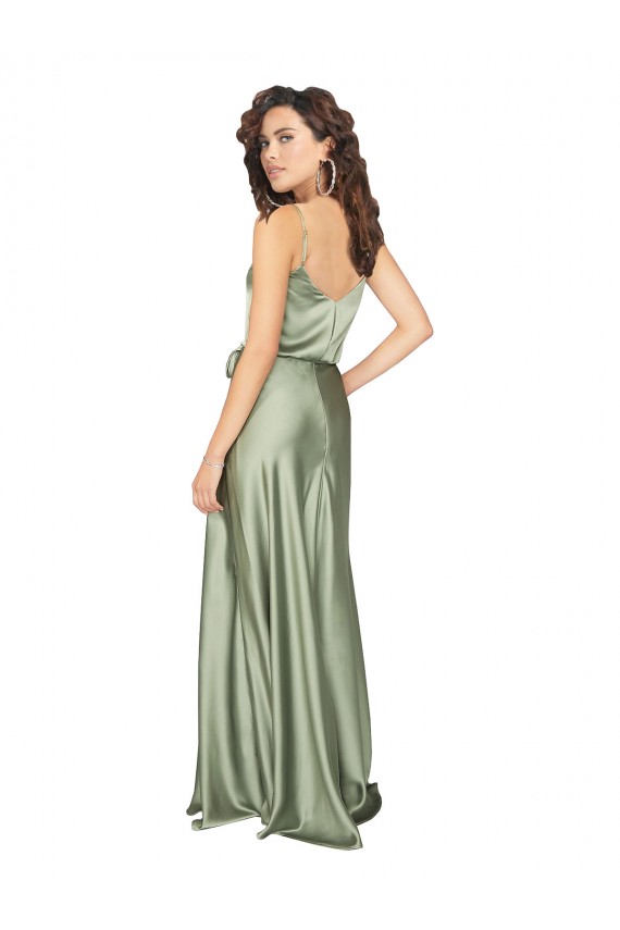 Magasins de Vert fumée Trapèze Col V Satiné Soyeux Longue Formelles Robes demoiselle d'honneur / Robes de soirée