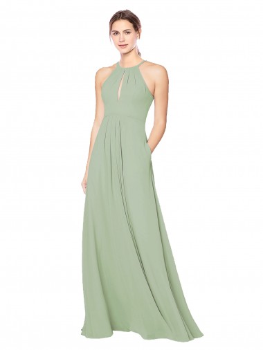 Magasins de Vert fumée Trapèze Licou Mousseline Longue Robes demoiselle d'honneur