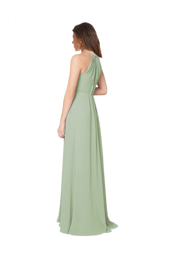 Magasins de Vert fumée Trapèze Licou Mousseline Longue Robes demoiselle d'honneur