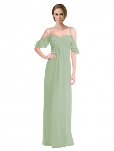 Magasins de Vert fumée Trapèze Épaule Dénudée Bretelles spaghetti Mousseline Longue Robes demoiselle d'honneur
