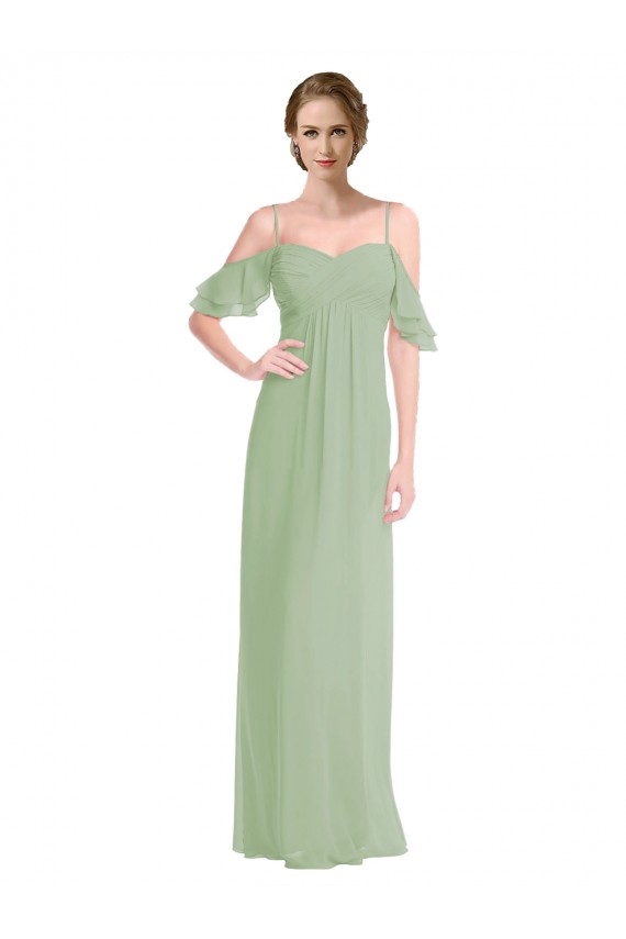 Magasins de Vert fumée Trapèze Épaule Dénudée Bretelles spaghetti Mousseline Longue Robes demoiselle d'honneur