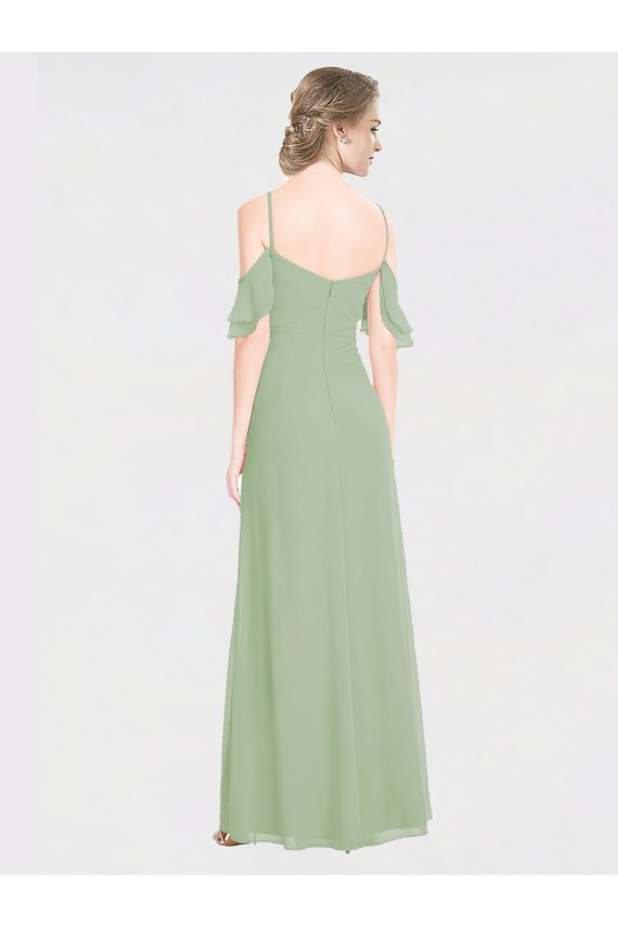Magasins de Vert fumée Trapèze Épaule Dénudée Bretelles spaghetti Mousseline Longue Robes demoiselle d'honneur
