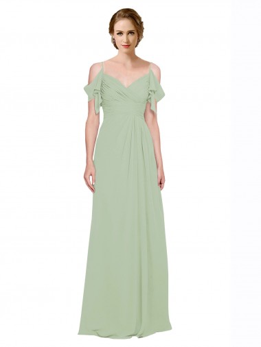 Magasins de Vert fumée Trapèze Épaule Dénudée Bretelles spaghetti Mousseline Longue Robes demoiselle d'honneur