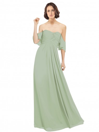 Magasins de Vert fumée Trapèze Épaule Dénudée Mousseline Longue Robes demoiselle d'honneur