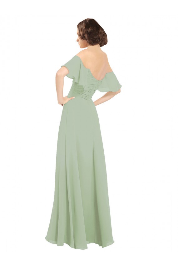 Magasins de Vert fumée Trapèze Épaule Dénudée Mousseline Longue Robes demoiselle d'honneur