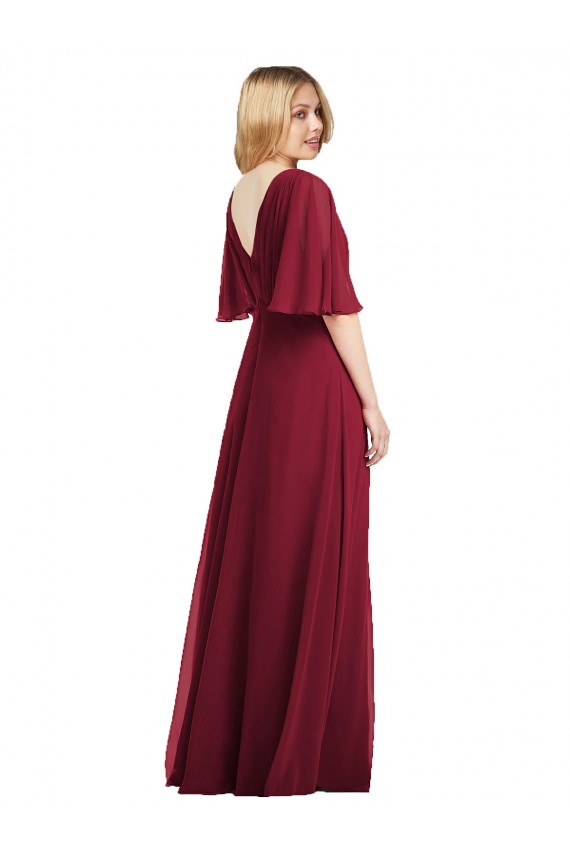 Magasins de Vert fumée Trompette Col V Mousseline Longue Robes demoiselle d'honneur