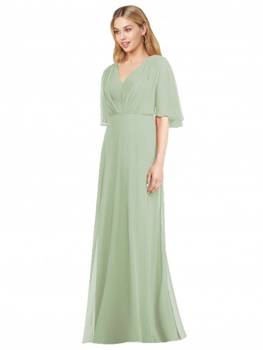 Magasins de Vert fumée Trompette Col V Mousseline Longue Robes demoiselle d'honneur
