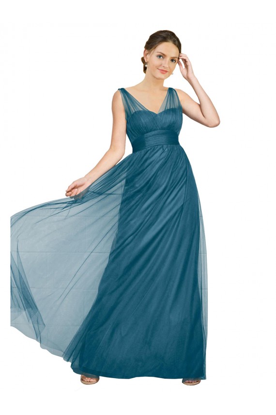 Magasins de Vert sarcelle Trapèze Col V Tulle Longue Robes demoiselle d'honneur